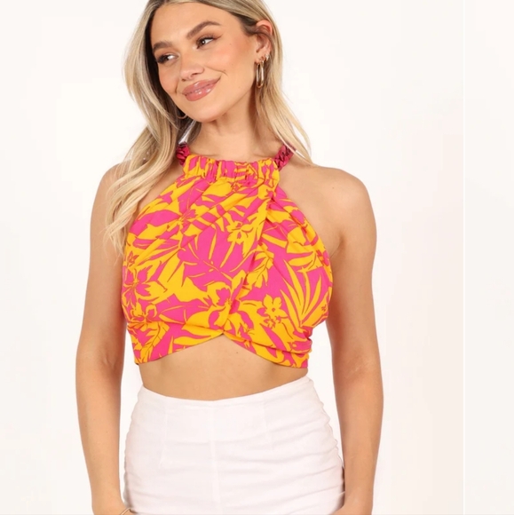 Vibrant Pink and Yellow Halter Top - Picture 1 of 8